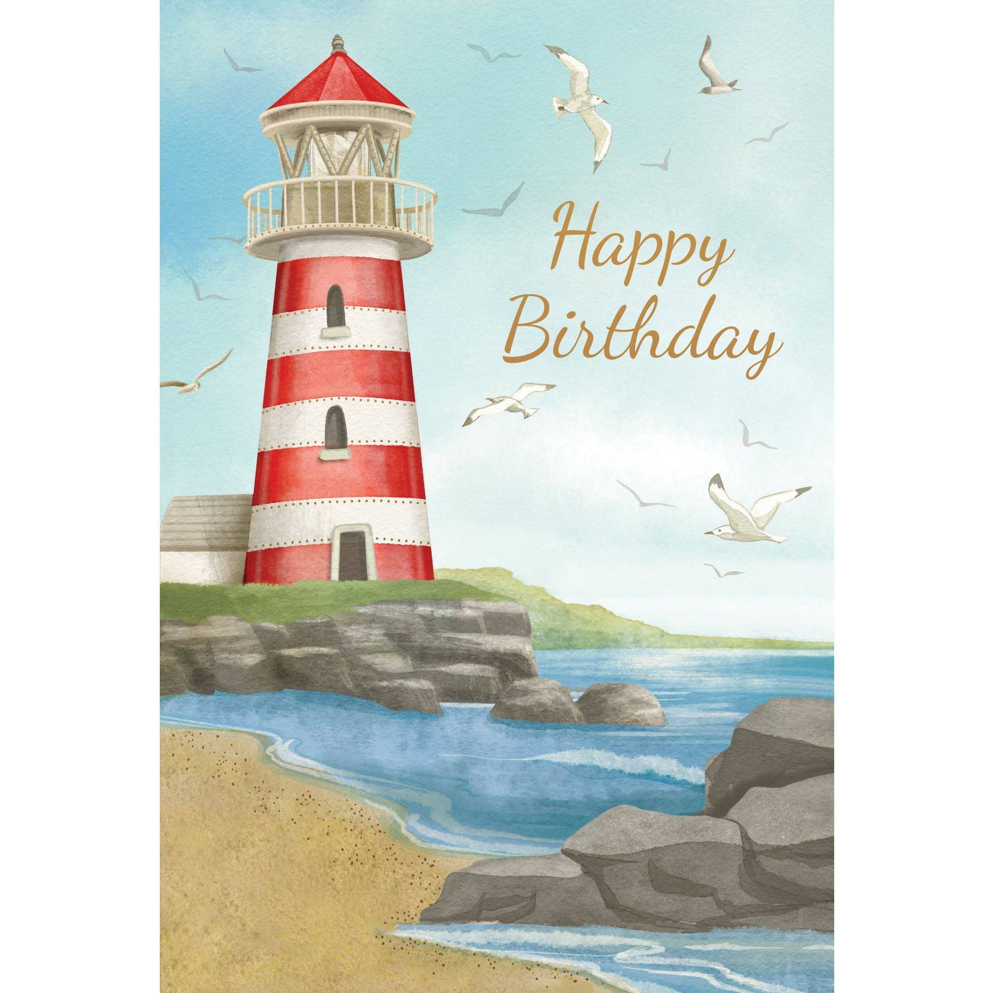 Pictura Lighthouse Birthday Card featuring nautical lighthouse illustration, perfect for celebrating birthdays with a seaside theme.